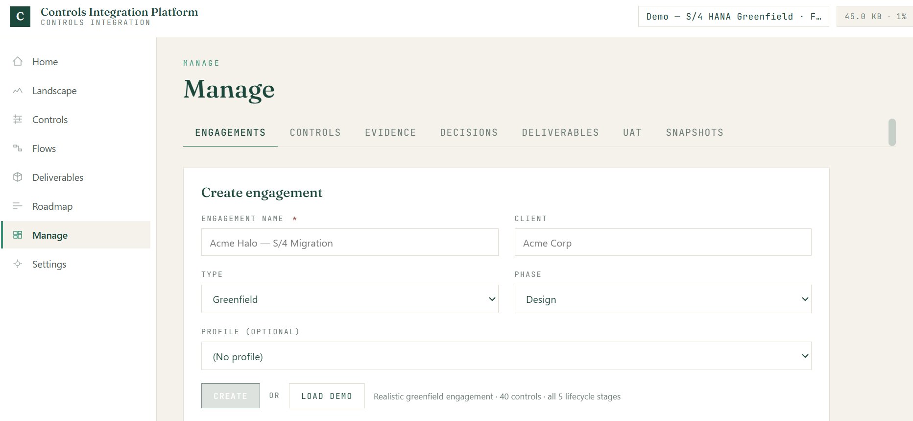 Controls Integration Platform screen