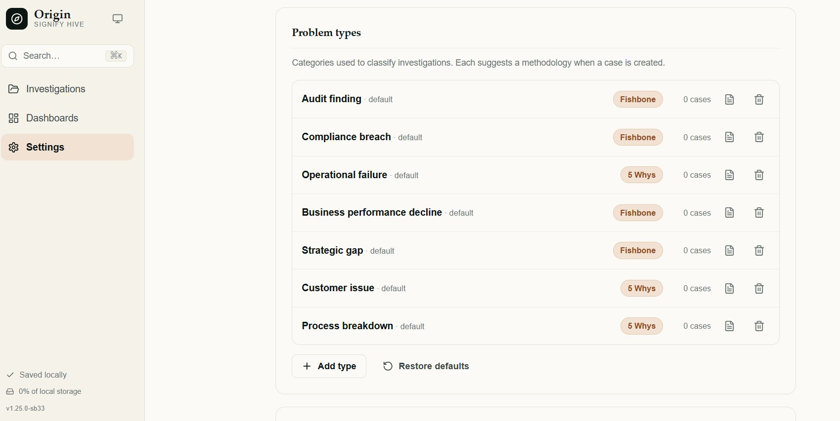 Origin screen