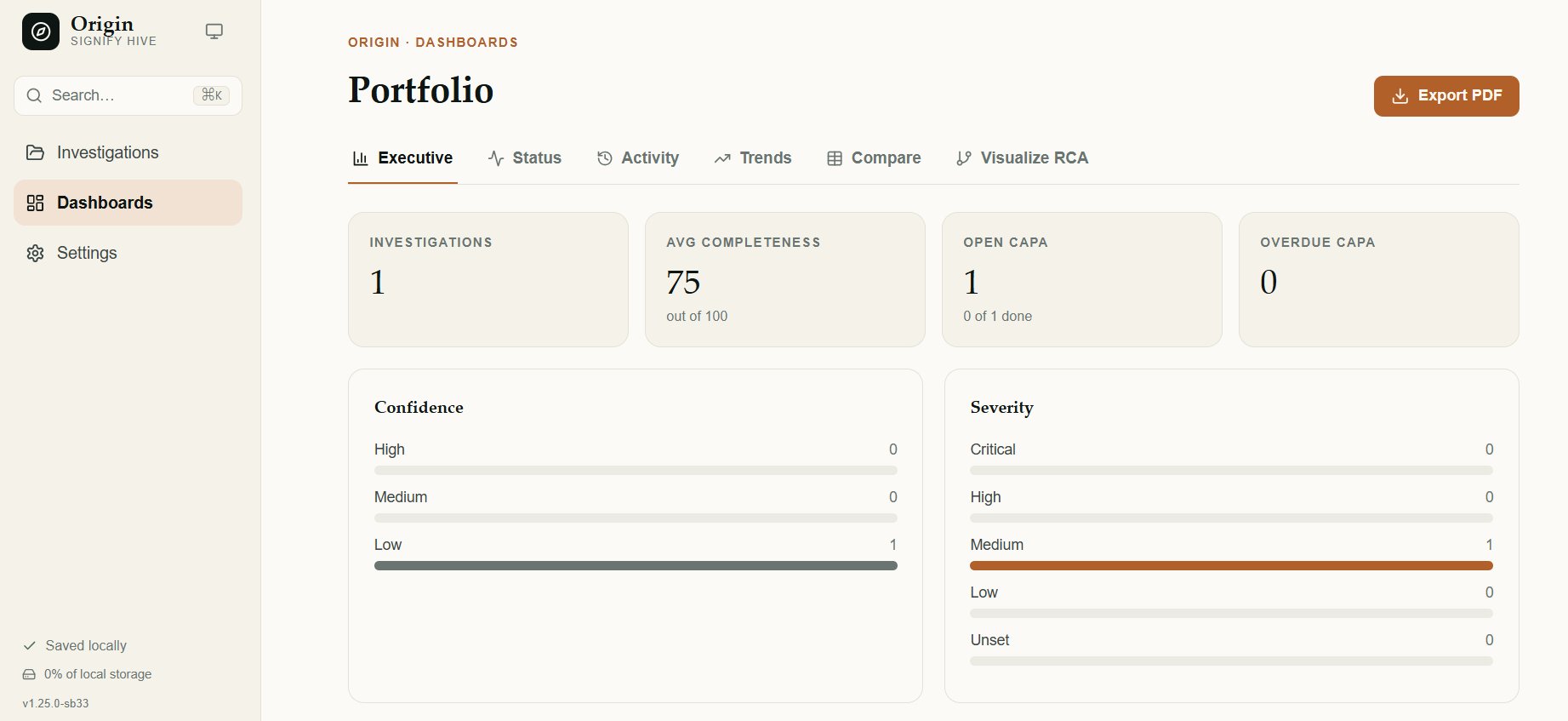 Origin screen